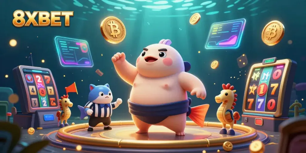 Experience the thrill of 8XBET with a vibrant casino scene featuring animated characters, coins, and gaming elements.