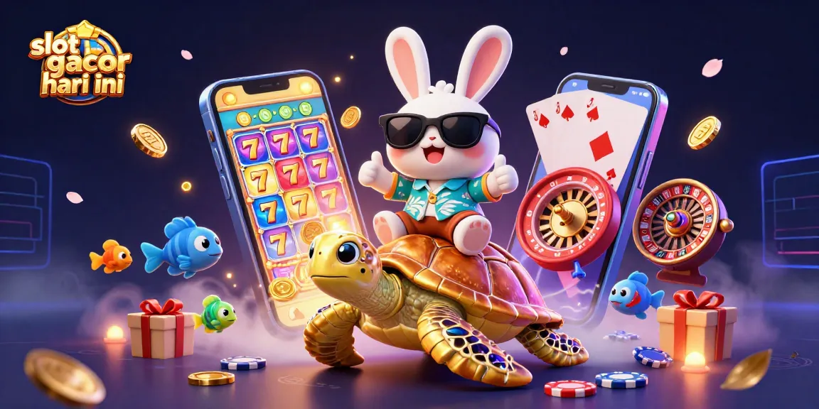 Engage with slot gacor hari ini featuring a cartoon rabbit and a golden turtle in a vibrant casino scene.