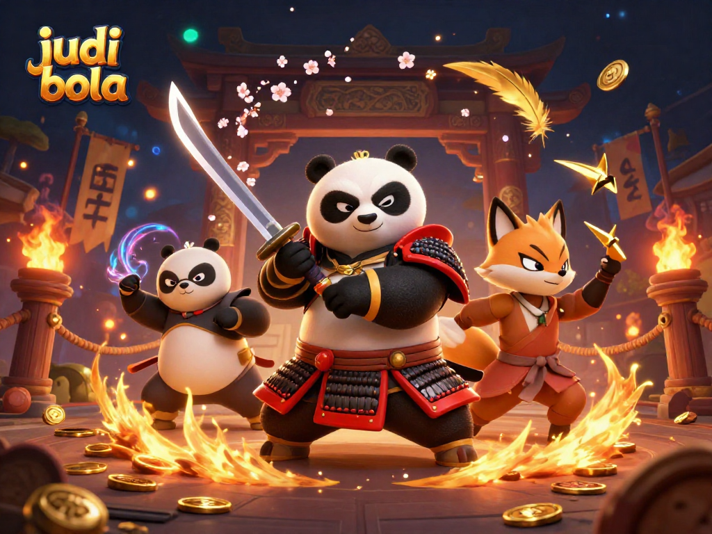 Engage in judi bola with dynamic samurai panda and ninja fox in an exhilarating gambling scene.
