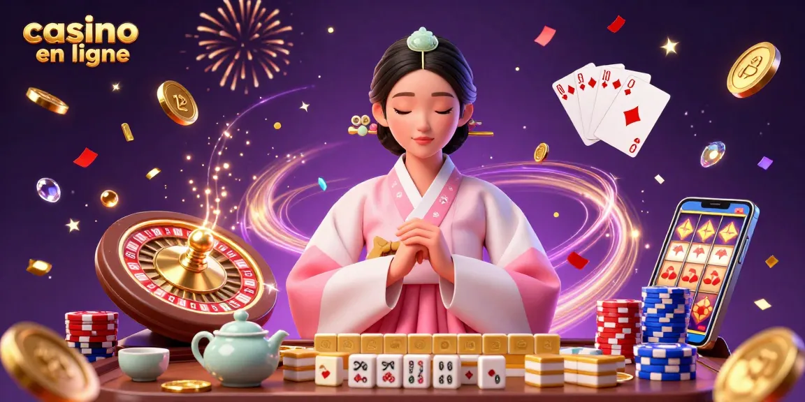 Découvrez l'excitation du casino en ligne avec des éléments de jeu dynamiques et un personnage serein dans une scène 3D vibrante.