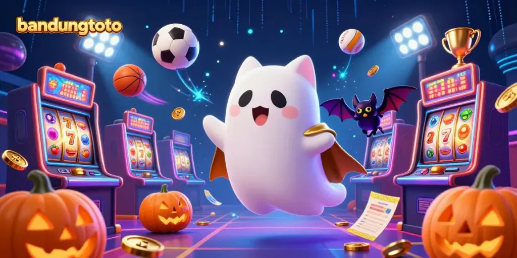 Engage with bandungtoto in a lively casino scene featuring a friendly ghost cat, golden bat, and glowing jack-o-lanterns.