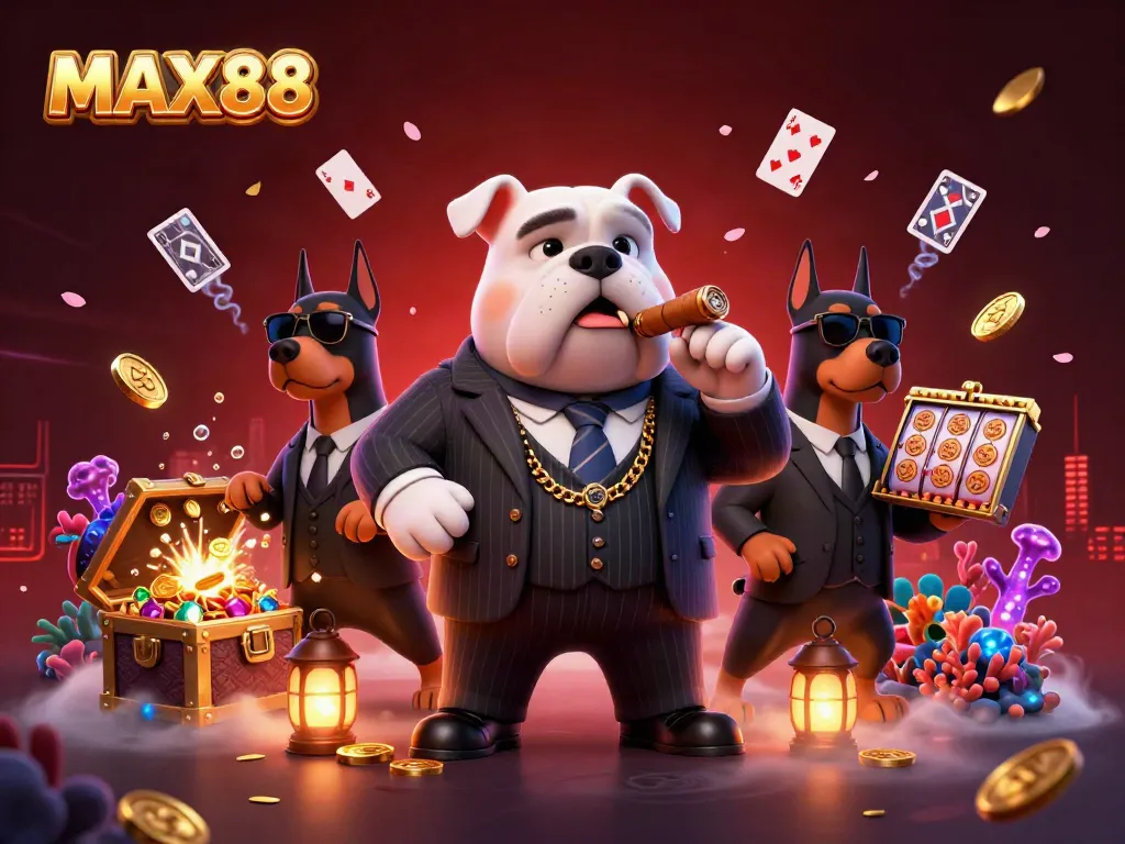 Experience the thrill of MAX88 with a mafia boss bulldog and his Doberman bodyguards amidst wealth and games.