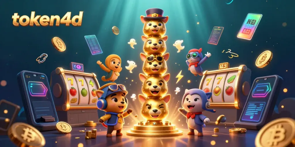 Menangkan permainan kasino dengan token4d, ilustrasi menakjubkan dari simbol slot dan elemen crypto.
