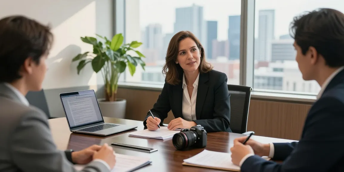 Karen McCleave Toronto lawyer consulting with clients in her office featuring Toronto skyline.
