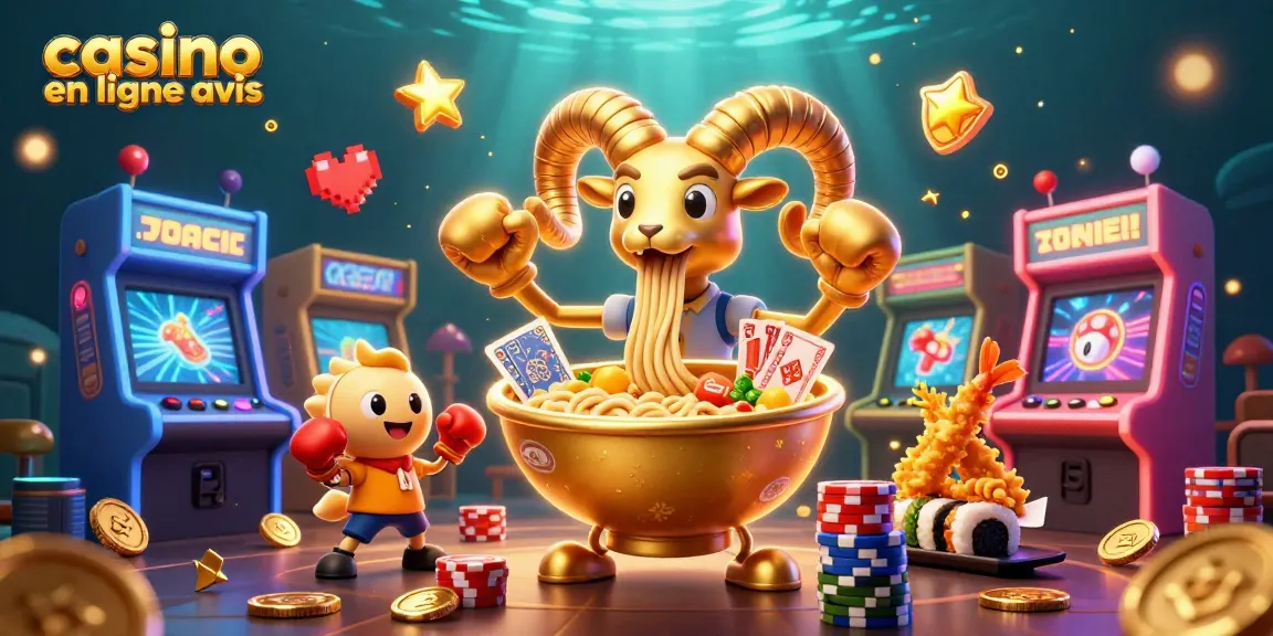 Avis de casino en ligne illustré par des personnages ludiques dans une scène colorée et dynamique.