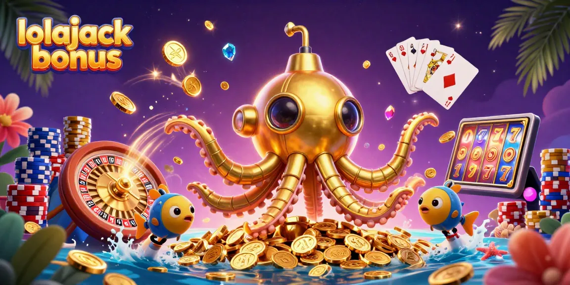 Experience the thrilling lolajack bonus with a vibrant 3D casino illustration showcasing golden treasures.