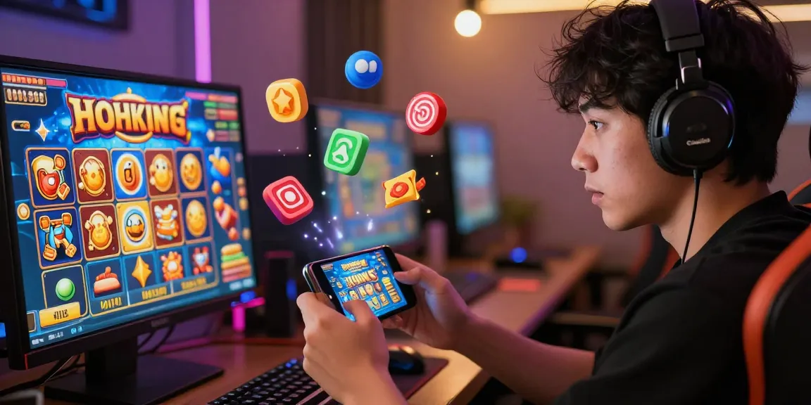 Pengguna ayamtoto bermain slot online dengan ekspresi penuh semangat dan grafis berwarna-warni.