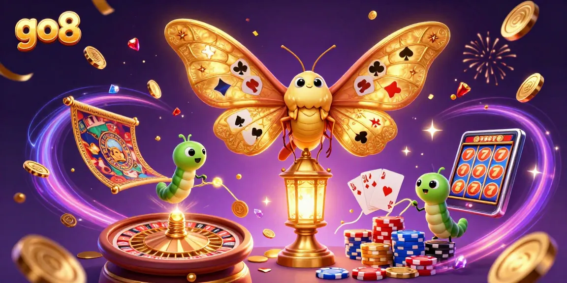 Experience the thrill of go8 with vibrant casino elements featuring golden coins and lively game scenes.