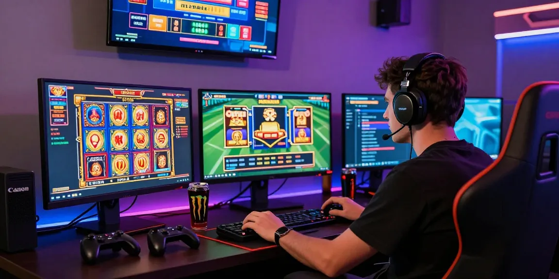 Engaged gamer using Bola88 platform with slot games, showcasing exciting wins and community tips on multiple screens.