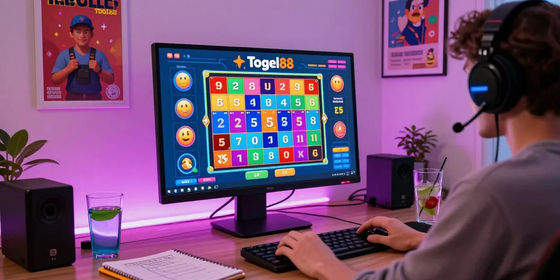 Togel88 Me Login in a vibrant online gaming workspace with colorful graphics and engaging lottery elements, showcasing a user enjoying a relaxed gaming experience.