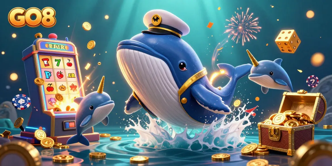 Experience the thrill of GO8 with a vibrant underwater casino scene showcasing a whale and dolphins amidst jackpot elements.