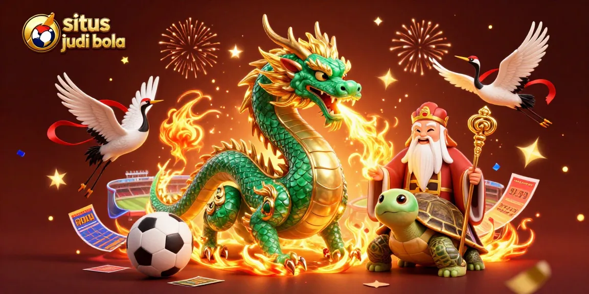 Place bets on situs judi bola with an illustrated dragon and turtle amidst vibrant sports betting symbols.