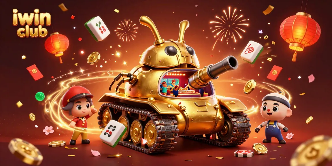 Win at iwin club's vibrant miniature casino scene with a golden beetle tank and festive elements.