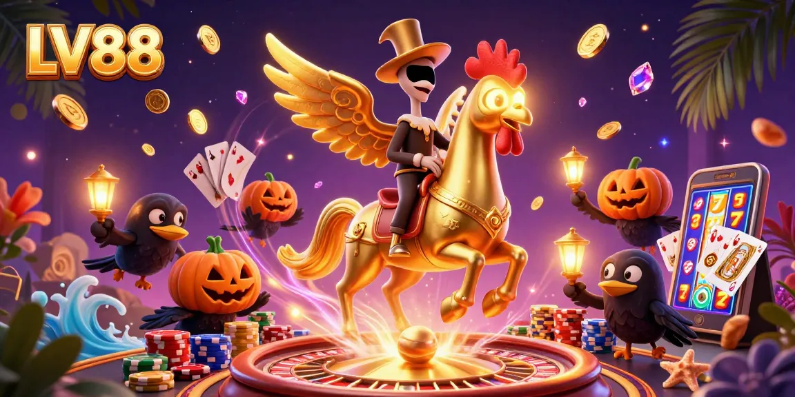 Experience excitement at LV88 with a golden rooster riding through a dynamic casino scene filled with winning opportunities.