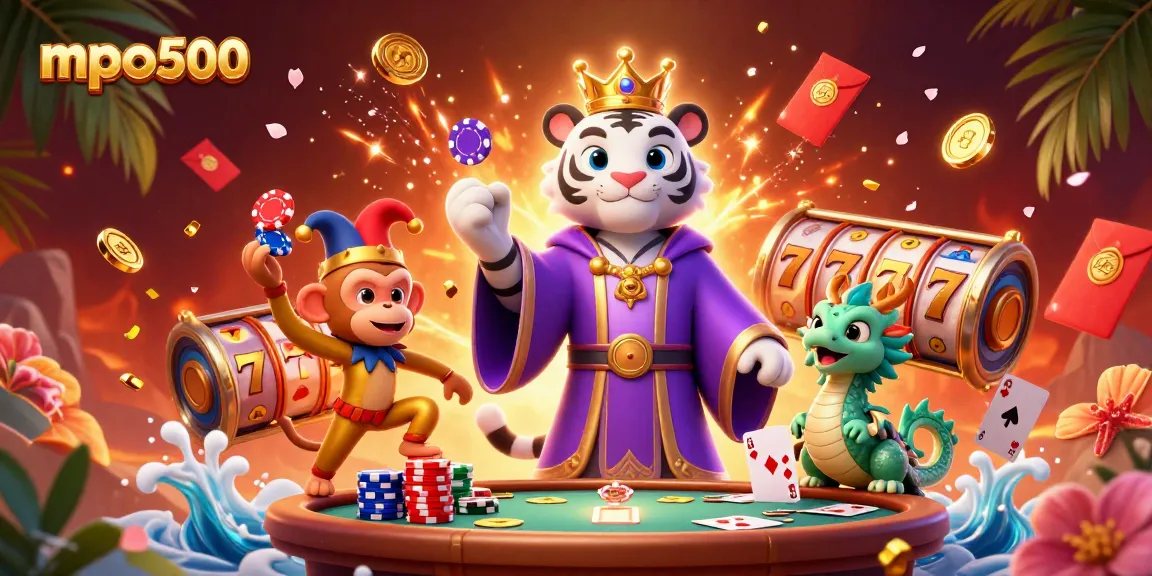 Experience the excitement of mpo500 with a vibrant casino scene featuring iconic characters and game elements.
