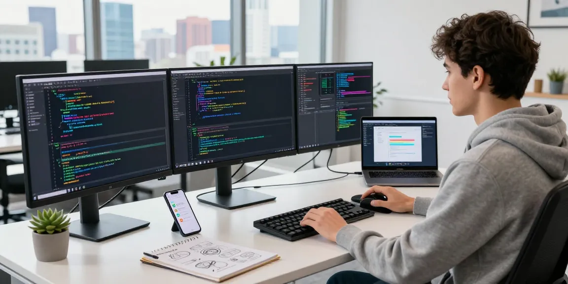 Developer coding at telegraimin.com desktop workspace, showcasing a modern tech environment with multiple monitors and vibrant city skyline.