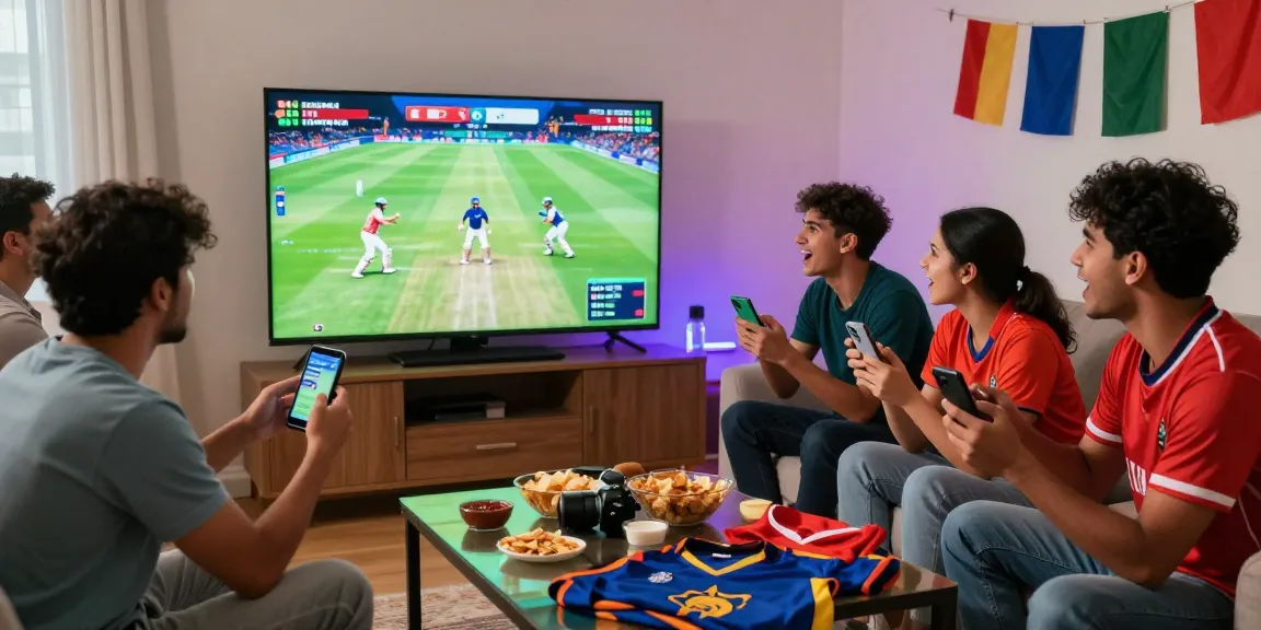Excited group watching Fairplay24 live cricket match, placing bets on smartphones in a vibrant, cozy home setting.