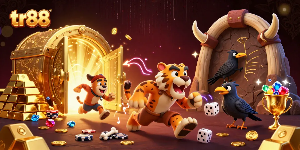 tr88 showcases a lively prehistoric casino scene with characters engaging in gambling action, surrounded by treasure