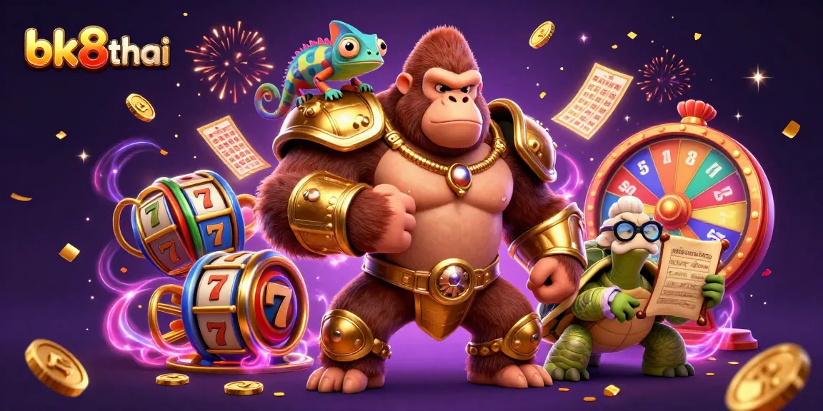 Engage in winning strategies with bk8thai in this vibrant casino scene showcasing gold and colorful game elements.
