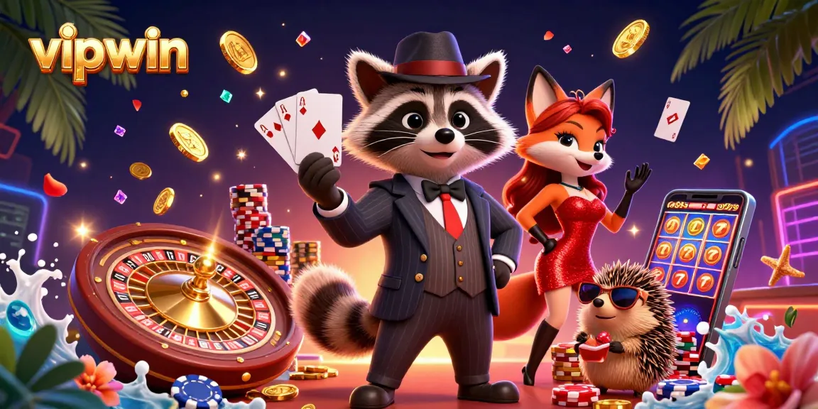 Experience the excitement of vipwin casino games with a dynamic 3D scene showcasing vibrant characters and game elements.