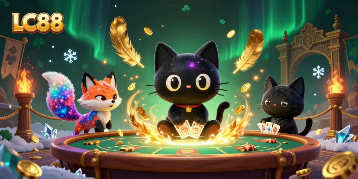 Experience thrilling gameplay at LC88, where a cosmic cat and colorful fox animate a vibrant casino scene.