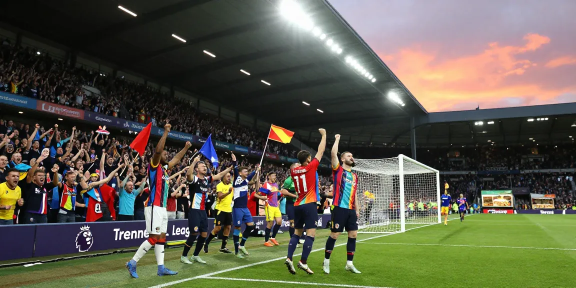 Fans celebrating bk8 Premier League match in vibrant stadium atmosphere