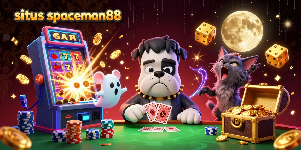 Engage with situs spaceman88 at a lively casino scene featuring a Frankenstein bulldog dealer and lively game elements.