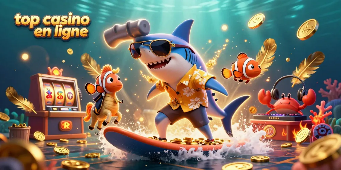 Jouez au top casino en ligne aux côtés d'un requin et d'un poisson clown au milieu de pièces d'or.