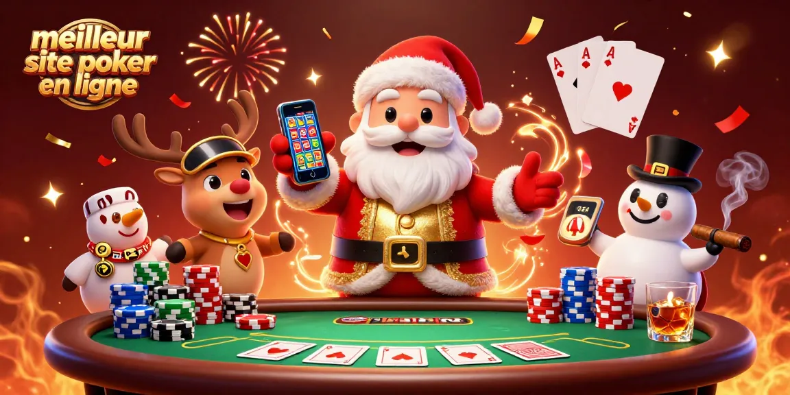 Jouez au meilleur site poker en ligne avec ambiance festive, cartes de poker et jetons colorés.