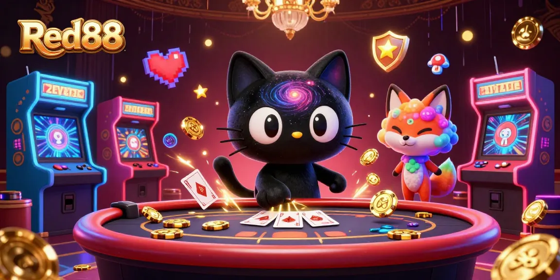 Experience the excitement at Red88 as a black hole cat draws in chips and cards at a cosmic casino table.