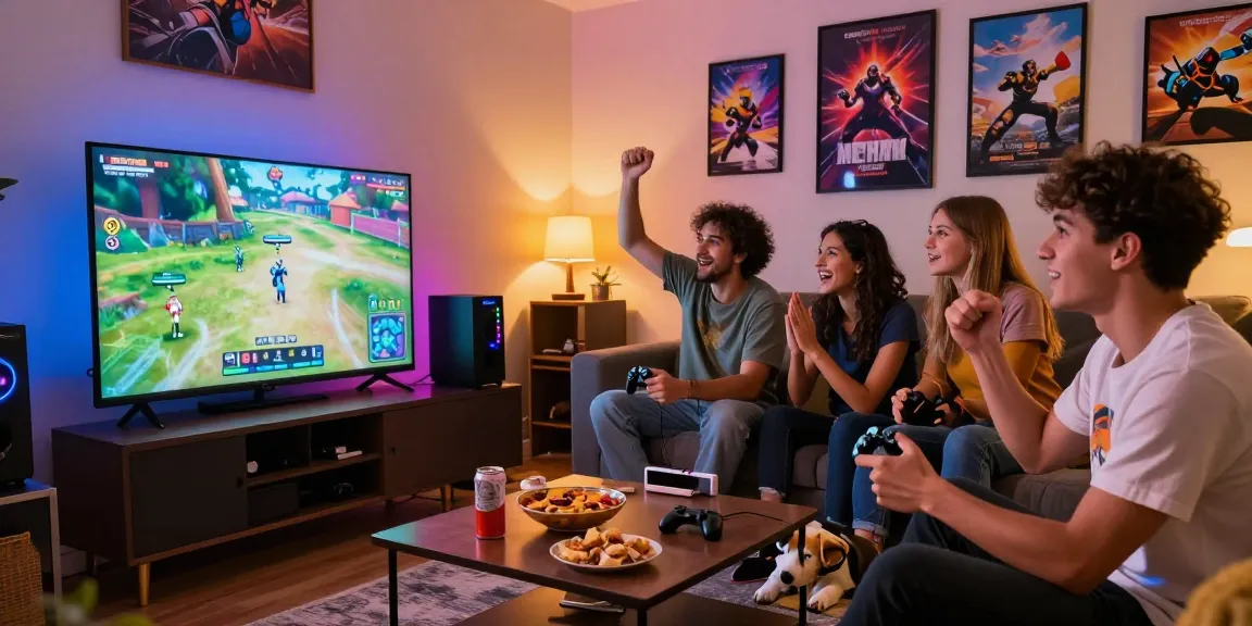 Youthful friends enjoying an exciting gaming session on 7meter platform with lively room setup.