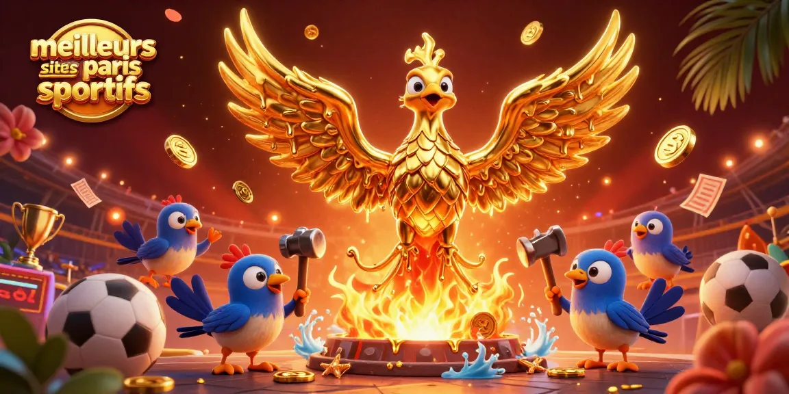 Visualisez les meilleurs sites de paris sportifs avec un phénix d'or, des trophées et des ballons de sport.