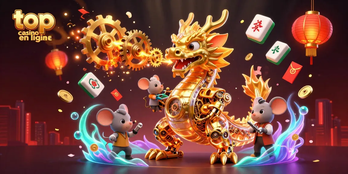 Découvrez le top casino en ligne avec un dragon mécanique doré, des rouleaux de machines à sous, et des feux d'artifice.