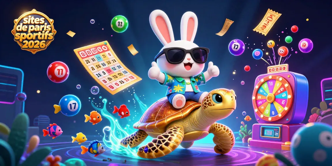 Gagnez sur les sites de paris sportifs 2026 avec un lapin chanceux et une tortue dorée, entourés de balles de loterie.
