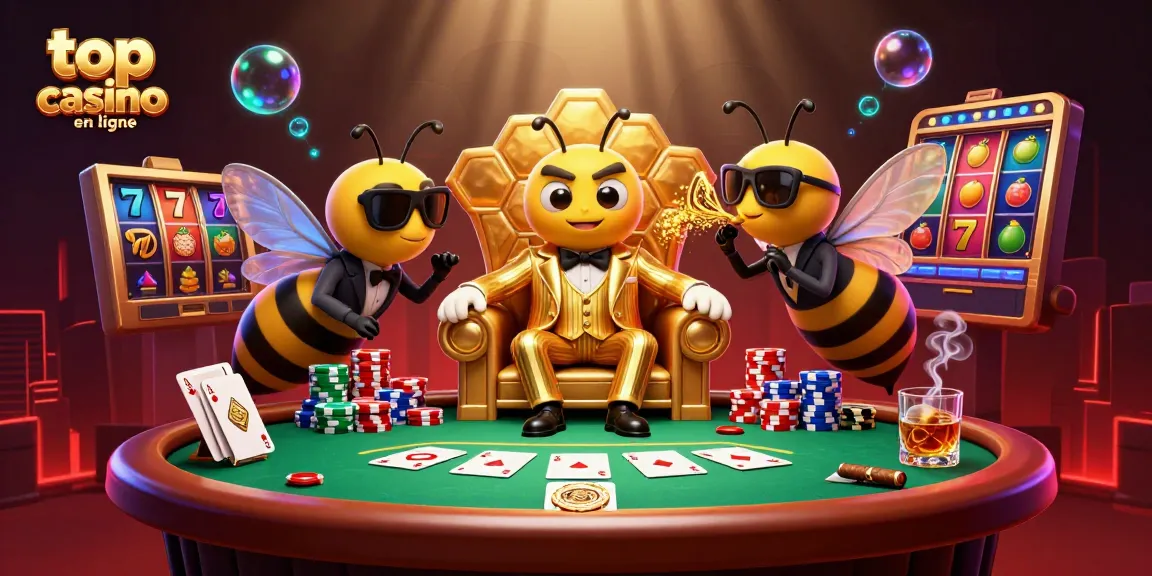Illustration colorée représentant une scène de casino dynamique avec meilleur casino en ligne au centre, des éléments de jeux, et un boss en costume.