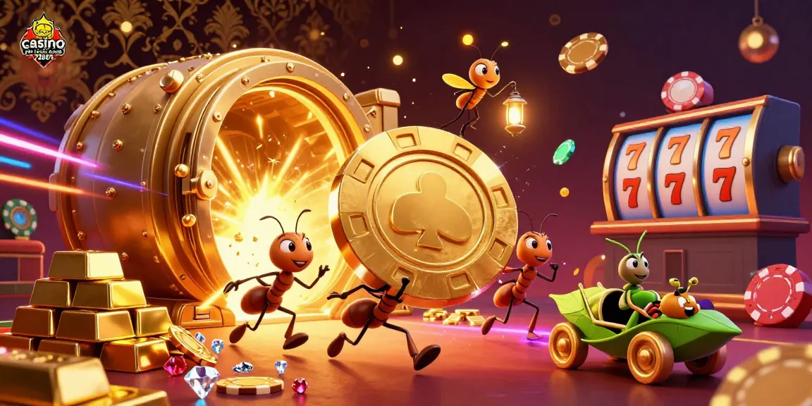 Scène dynamique de casino en ligne suisse 2026 avec des fourmis, une luciole et une sauterelle en action.