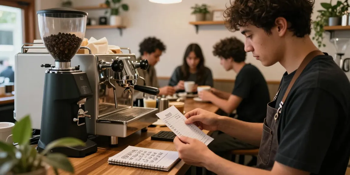 Barista menganalisis nomor rejeki dari struk pembelian, menciptakan pola berhasil dalam suasana nyaman.