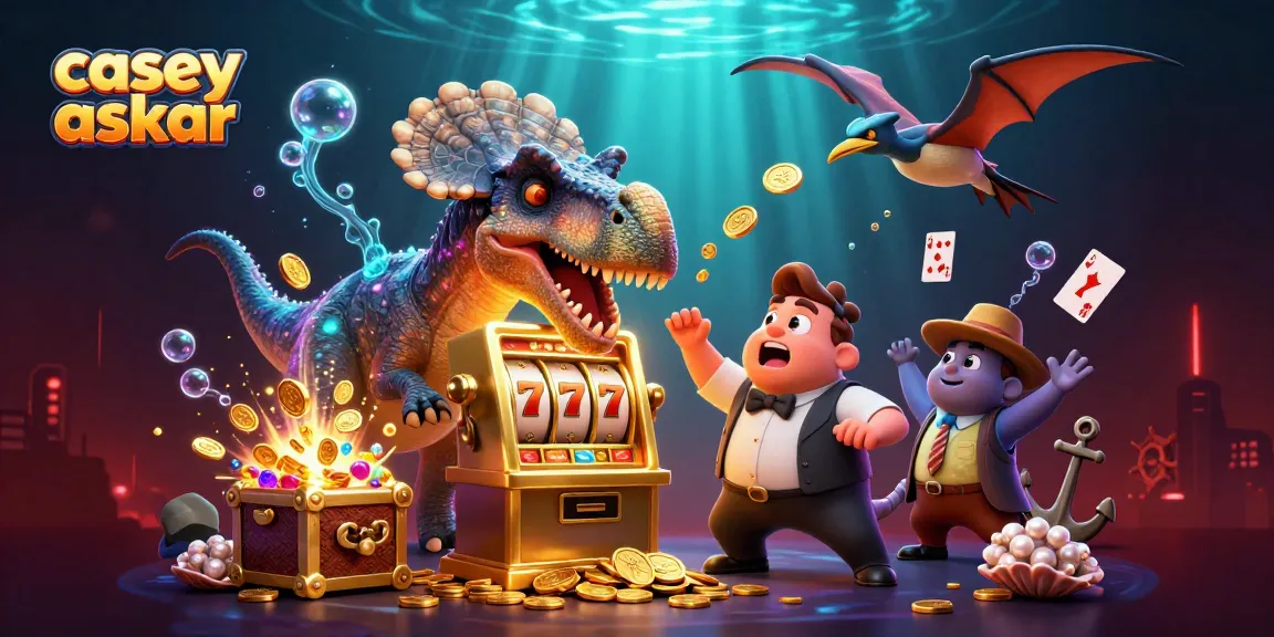 Casey Askar features cartoon characters winning jackpots in a vibrant casino scene.