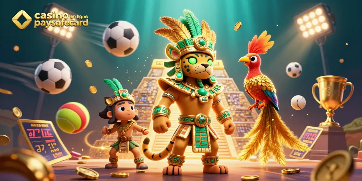 Plongez dans l'univers du casino en ligne paysafecard avec des éléments de jeux dynamiques et un jaguar mayan saisissant.