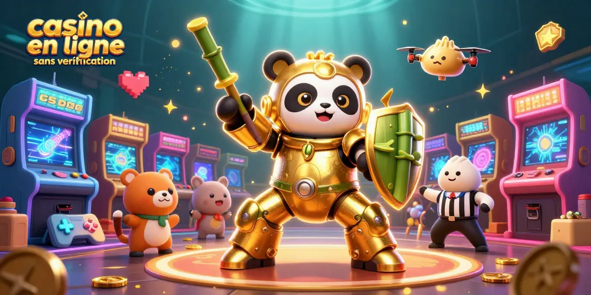 Illustration dynamique d'un panda doré en mech, jouant dans un casino en ligne sans vérification avec des machines à sous colorées.