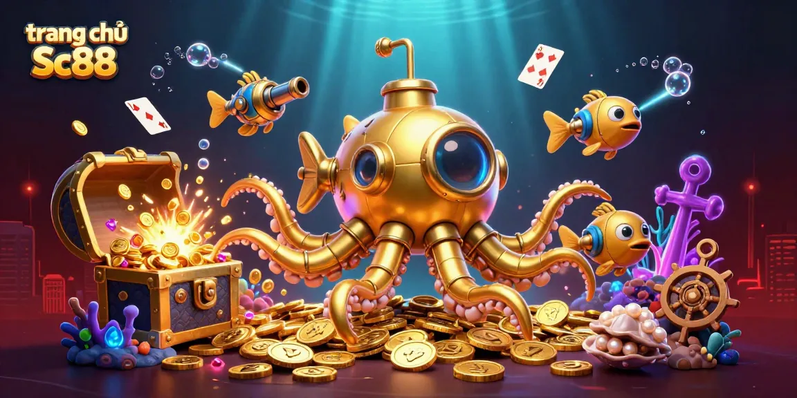 Experience the exciting world of trang chủ Sc88 with a golden kraken submarine amidst coins and casino elements.