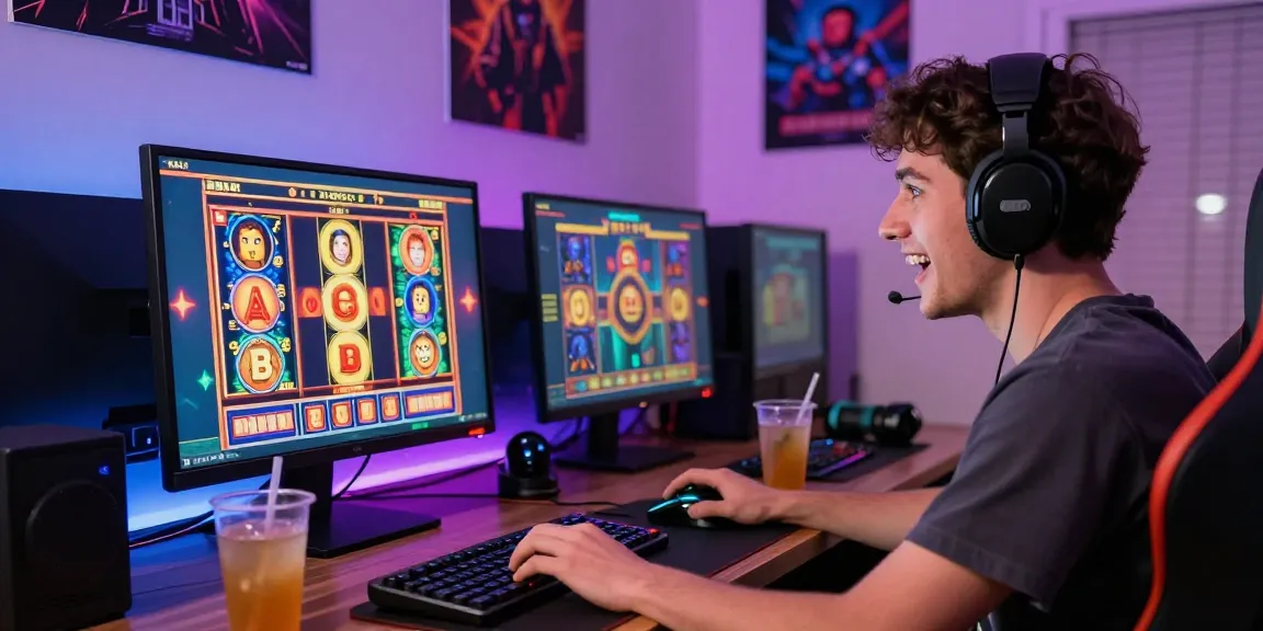Raja receh: Pemain slot online yang bersemangat di lingkungan gaming yang cozy.