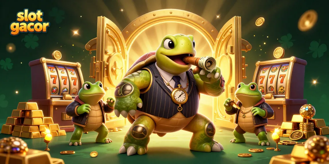 Experience the excitement of slot gacor with a vibrant 3D illustration featuring a cartoon turtle in a mobster suit.