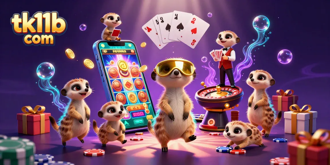 Experience thrilling gameplay at tk11b com with meerkats managing a vibrant casino, showcasing colorful slots.