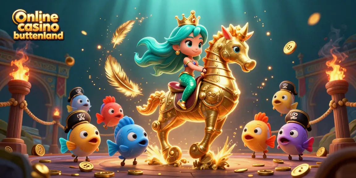 Engage with online casino buitenland through this vibrant 3D illustration of a mermaid riding a seahorse amidst coins and atmospheric effects.