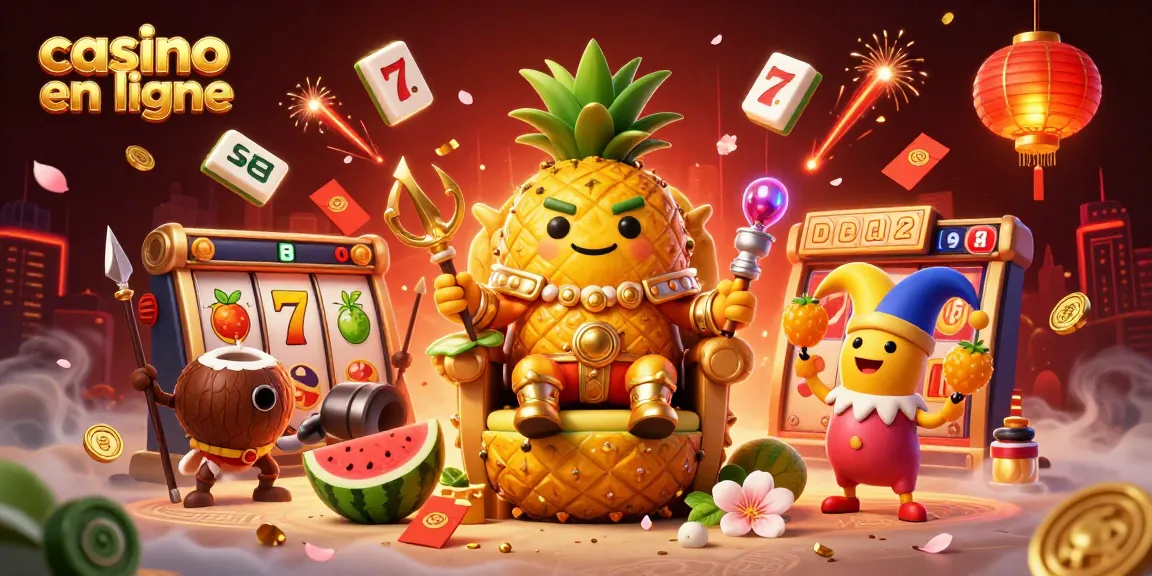 Affrontez la chance au casino en ligne avec le roi ananas et ses gardes, dans une scène animée.