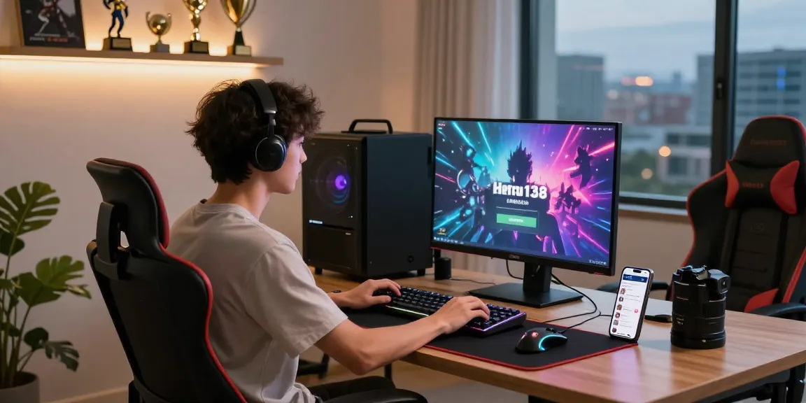 Hero138 login interface displayed on a young adult's gaming setup in a vibrant home office, showcasing modern gaming tools and a lively atmosphere.