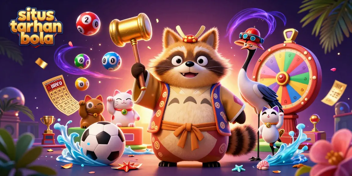 Situs taruhan bola brings exciting moments with a cheerful tanuki holding a golden mallet amidst vibrant sports elements.