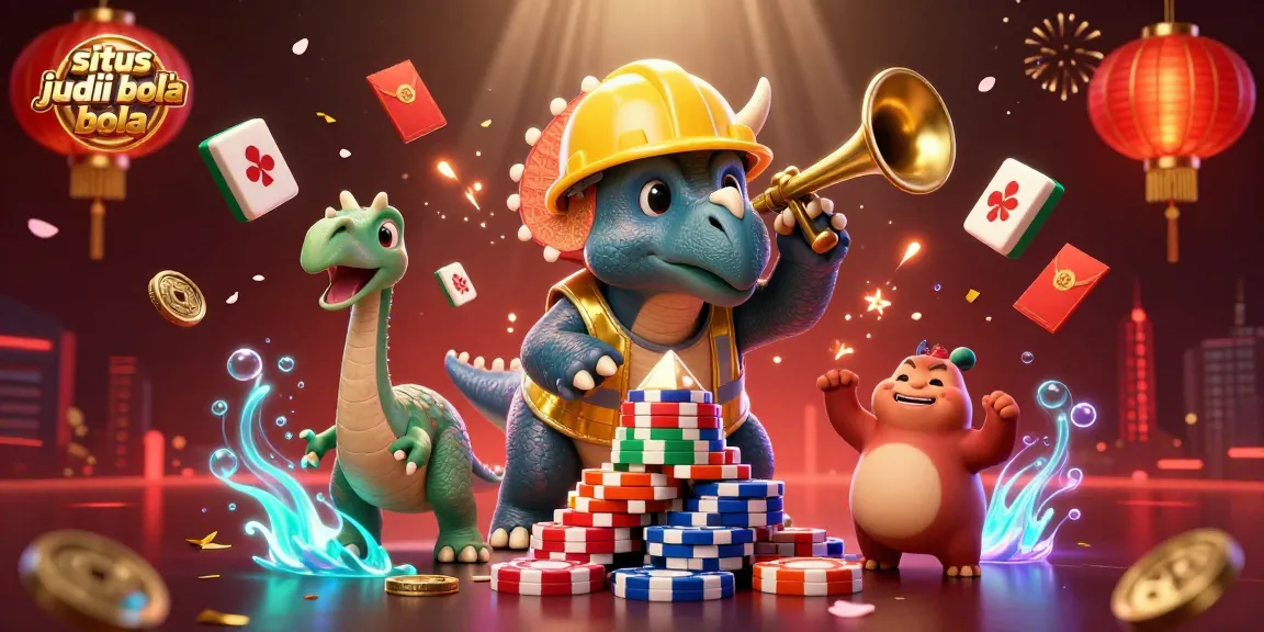 Engage in situs judi bola action with vibrant 3D characters building poker chip pyramids in celebration.
