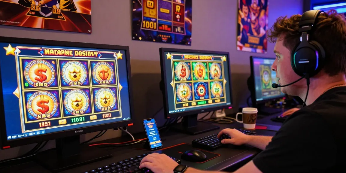 Engaged player exploring Madame Destiny slot game in vibrant gaming setup, showcasing excitement and modern accessories